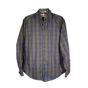 Robert Graham Men’s L Purple Yellow Check Paisley Flip Cuff Long Sleeve Shirt